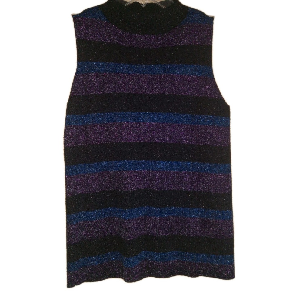 Sz M Nine West Sweater Sleeveless Striped Metallic Mock Neck Top‎ Womens